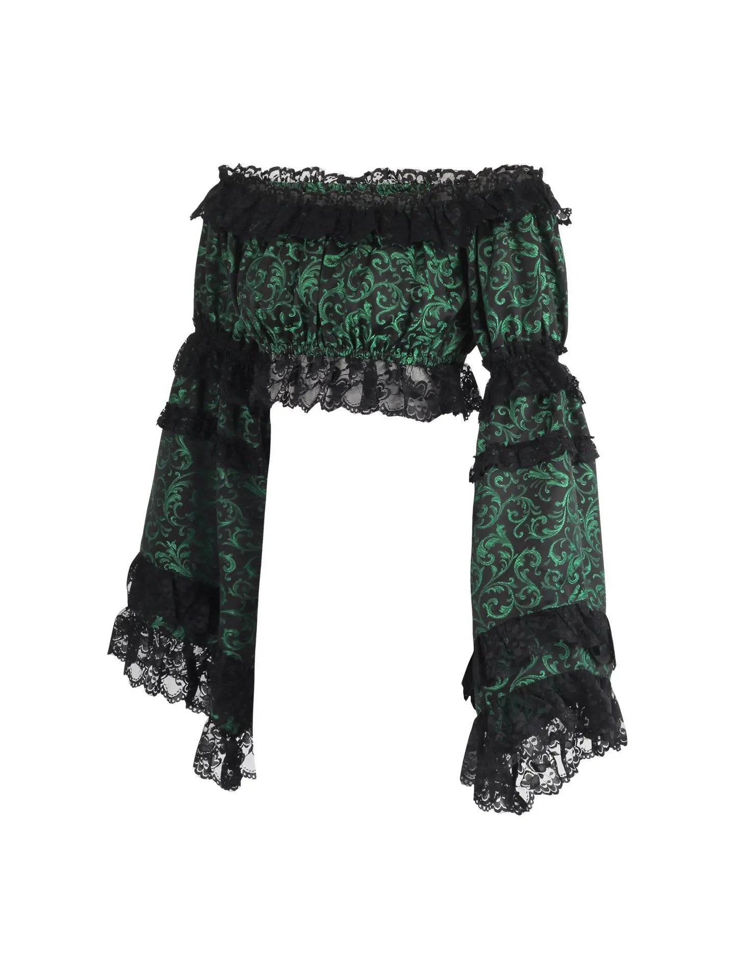 Green & Black Brocade Smocked Flare Sleeve Peasant Top