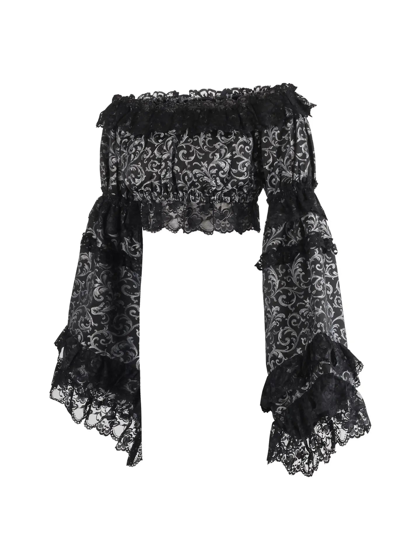 Silver/Black Brocade Smocked Flare Sleeve Peasant Top image 1