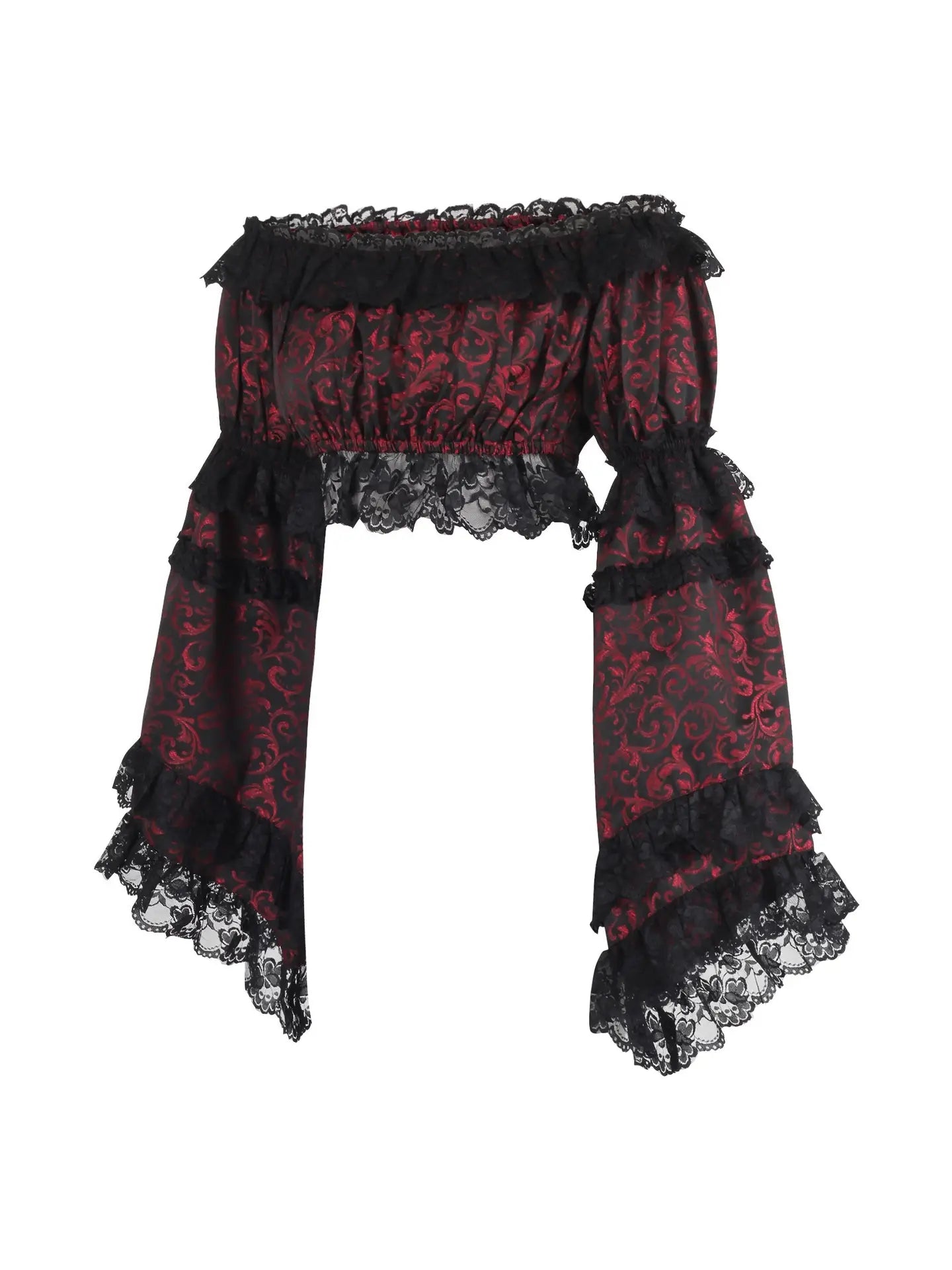 Red & Black Brocade Smocked Flare Sleeve Peasant Top