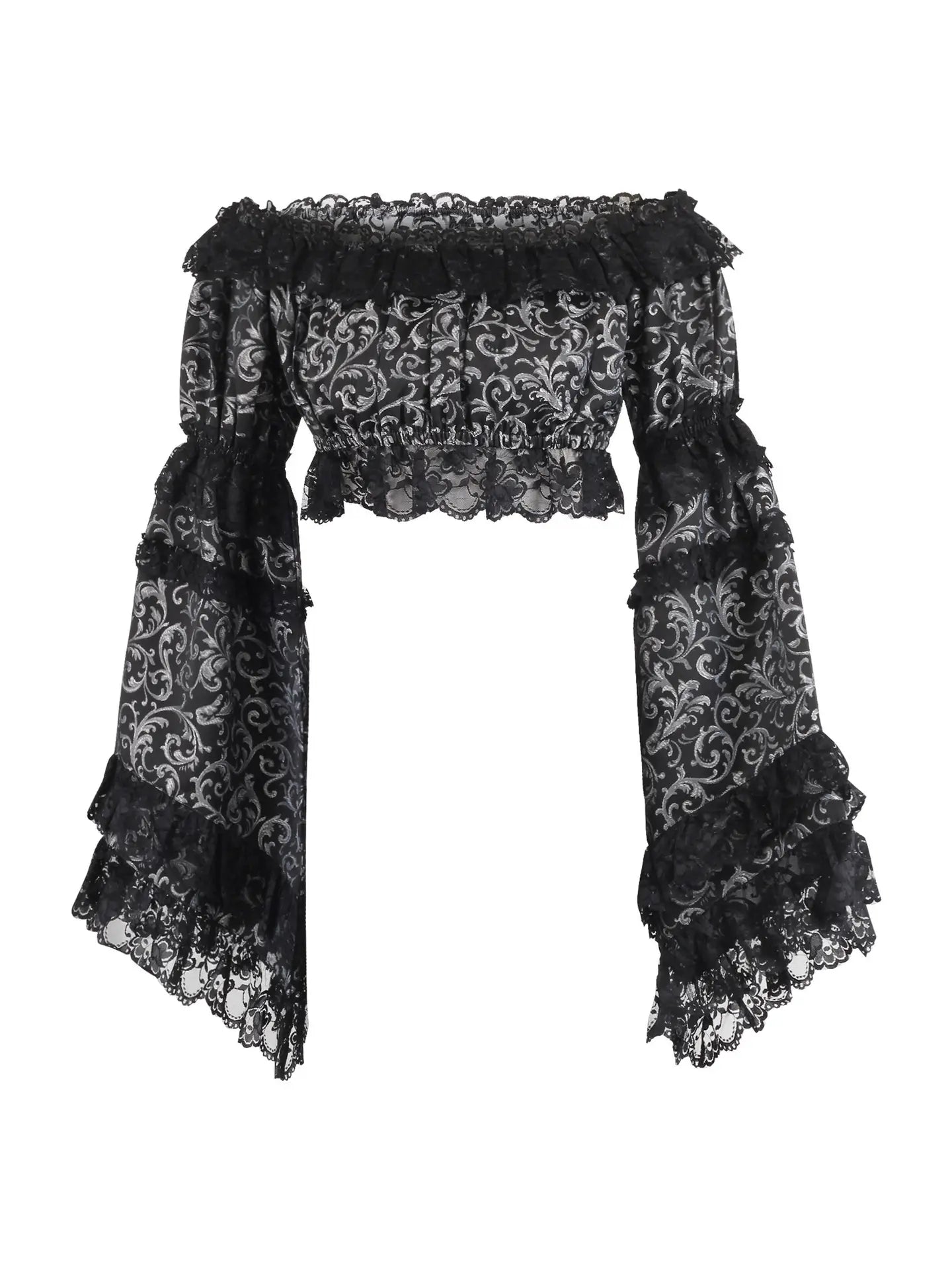 Silver/Black Brocade Smocked Flare Sleeve Peasant Top image 0