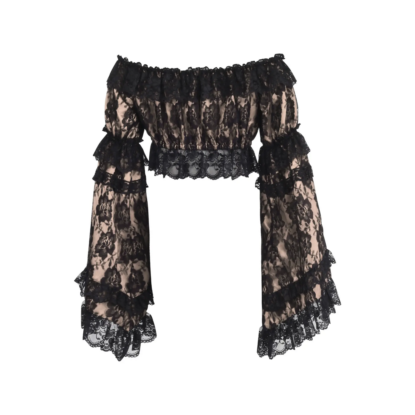Nude/Black Lace Smocked Flare Sleeve Peasant Top image 2