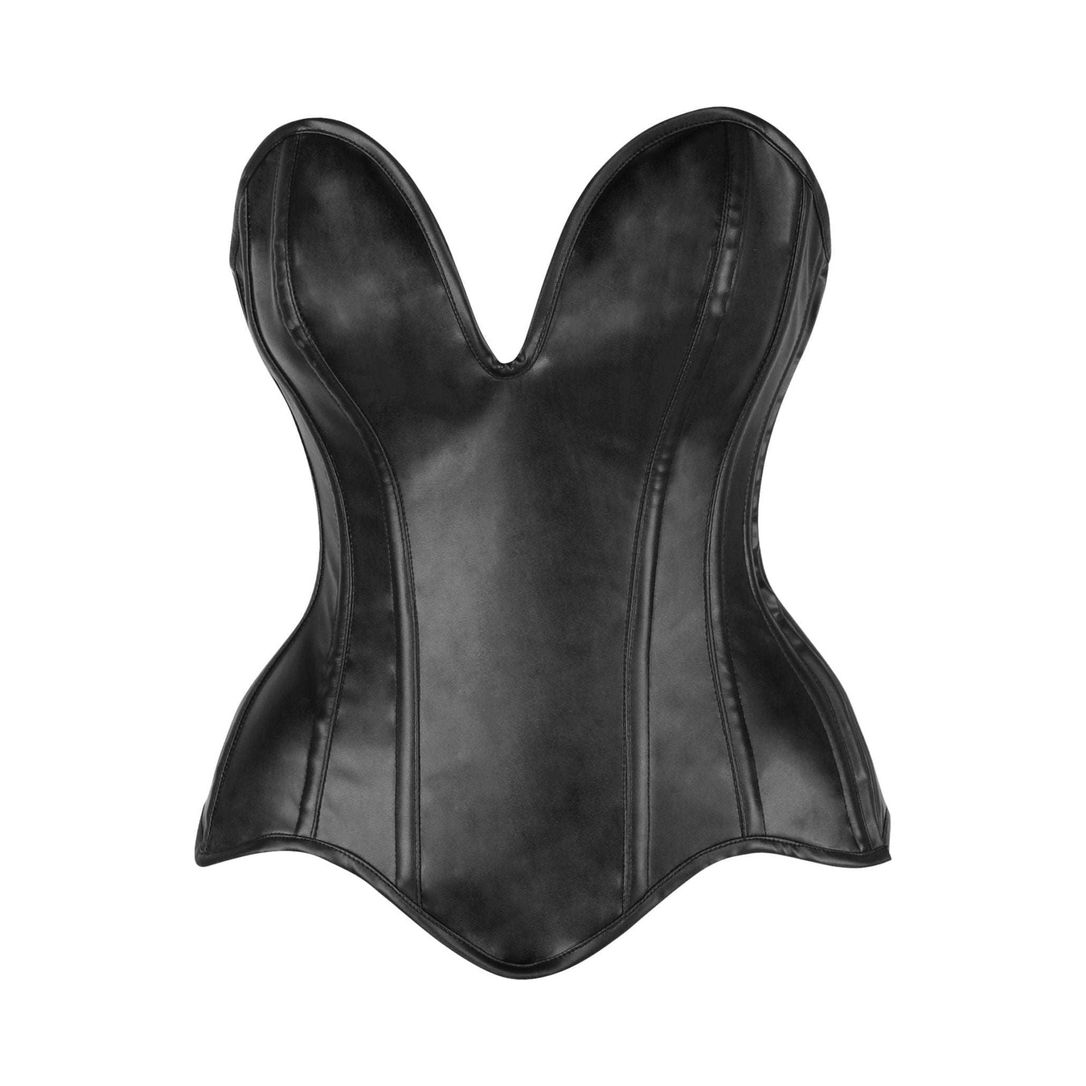 Steel Boned Black Faux Leather Plunge Neckline Overbust Corset by Top Drawer with smooth finish