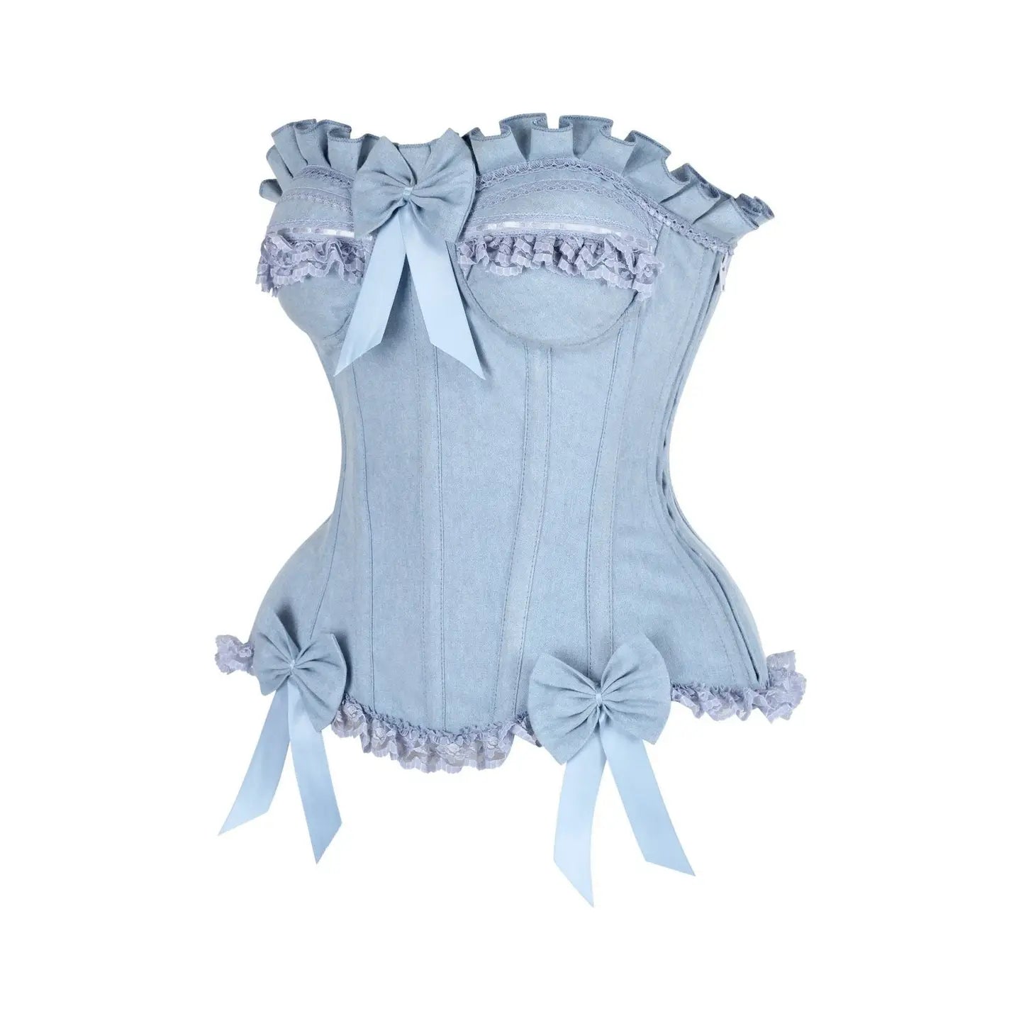 Light Blue Denim Underwire Steel Boned Burlesque Corset W/Bows image 1