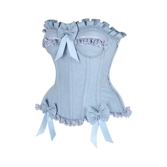 Light Blue Denim Underwire Steel Boned Burlesque Corset W/Bows image 1