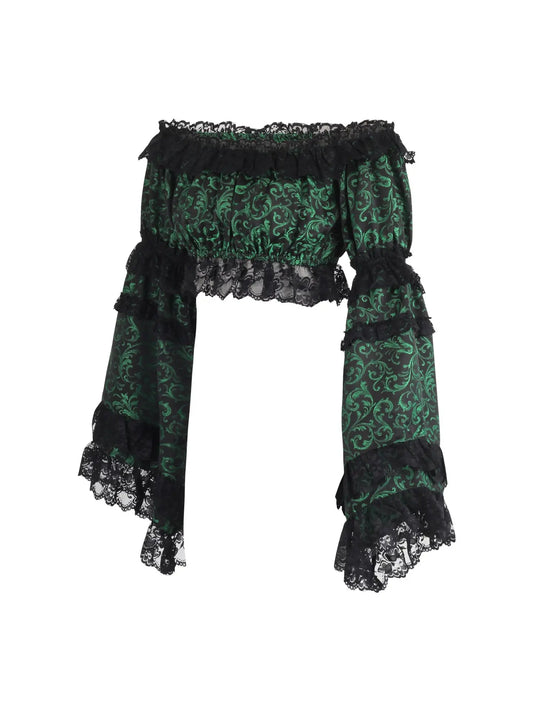 Green & Black Brocade Smocked Flare Sleeve Peasant Top