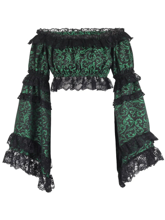 Green & Black Brocade Smocked Flare Sleeve Peasant Top