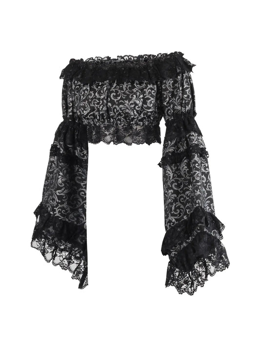 Silver/Black Brocade Smocked Flare Sleeve Peasant Top image 1