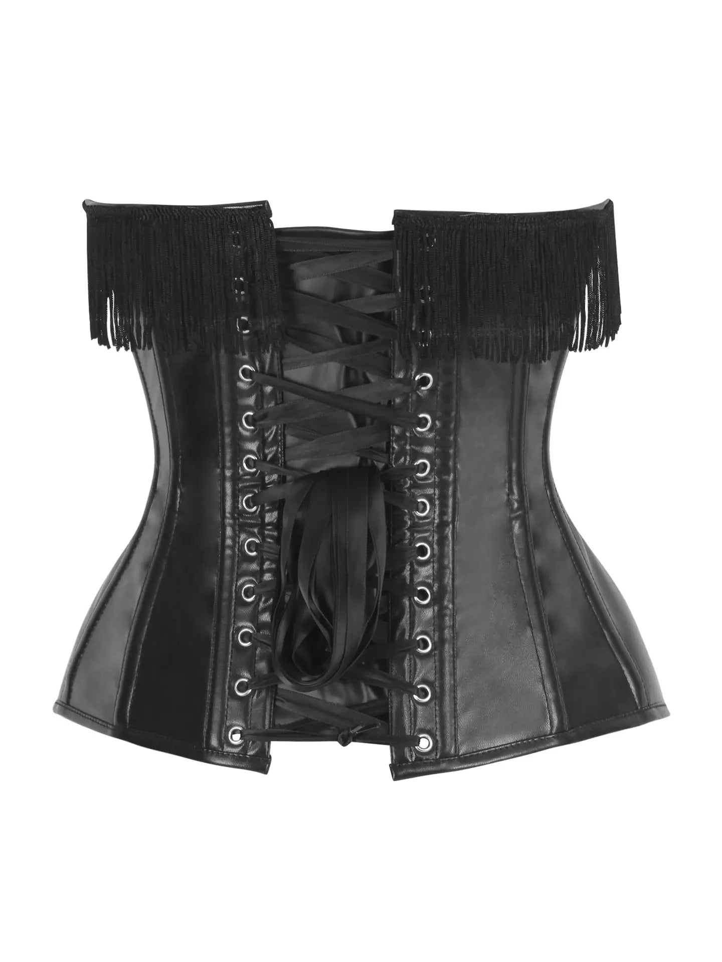 Black Faux Leather Steel Boned Overbust Corset With Fringe
