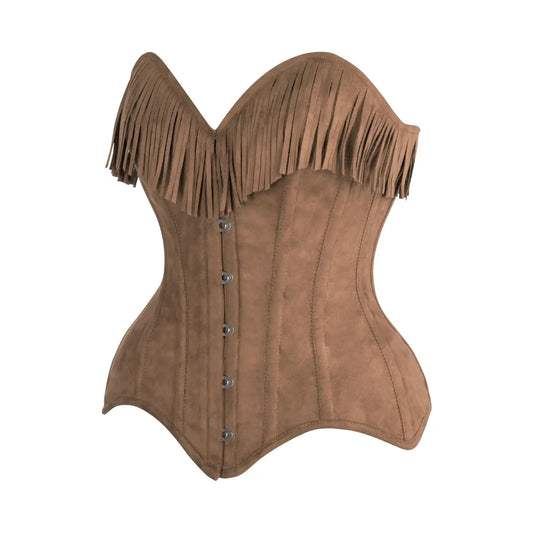 Tan Suede Steel Boned Overbust Corset W/Fringe image 1