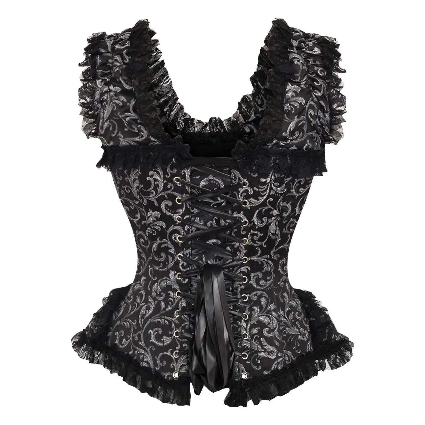 Silver/Black Swirl Brocade & Lace Steel Boned Corset W/Cap Sleeves image 2