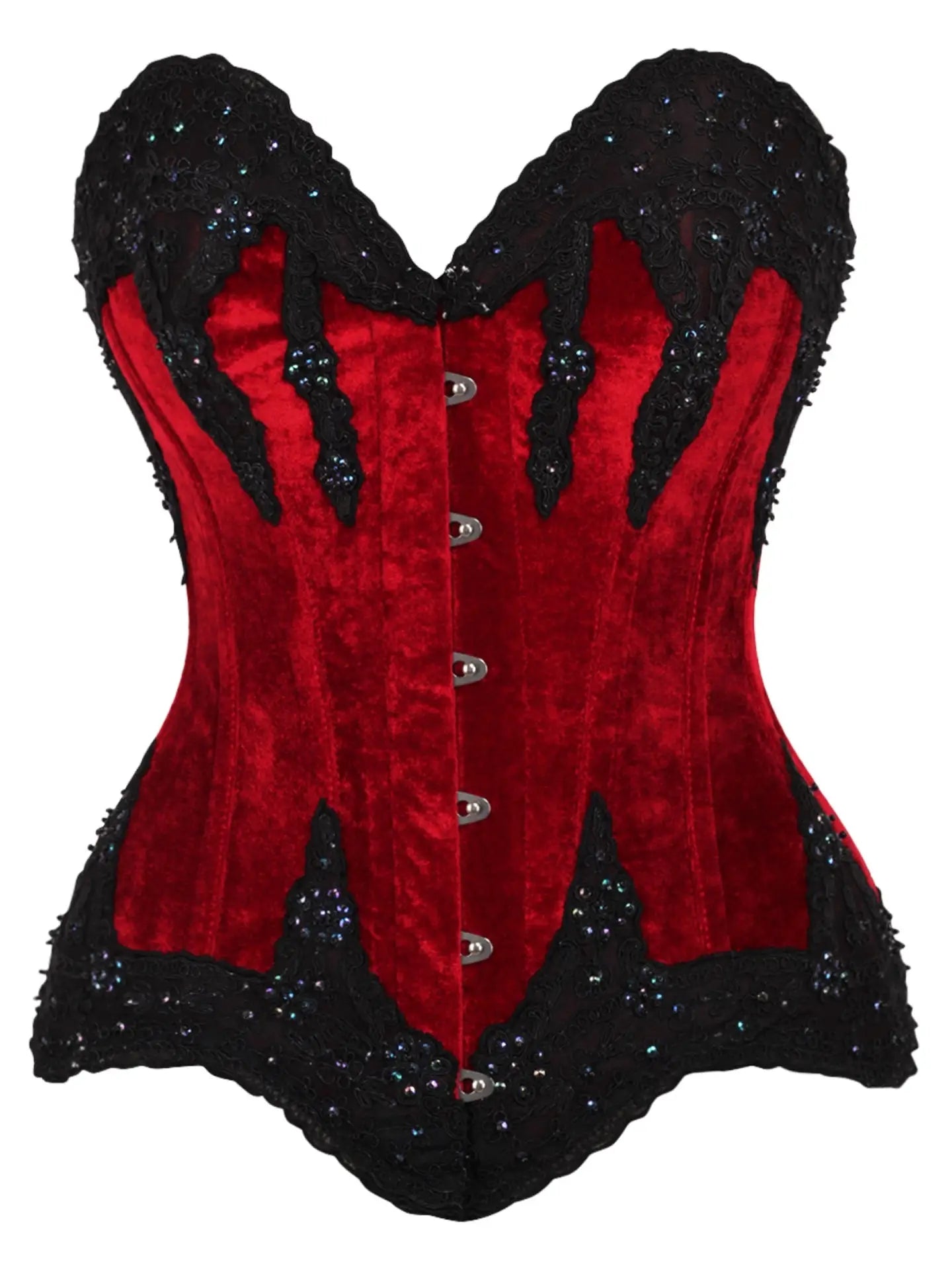 Dark Red Velvet & Beaded Steel Boned Overbust Corset