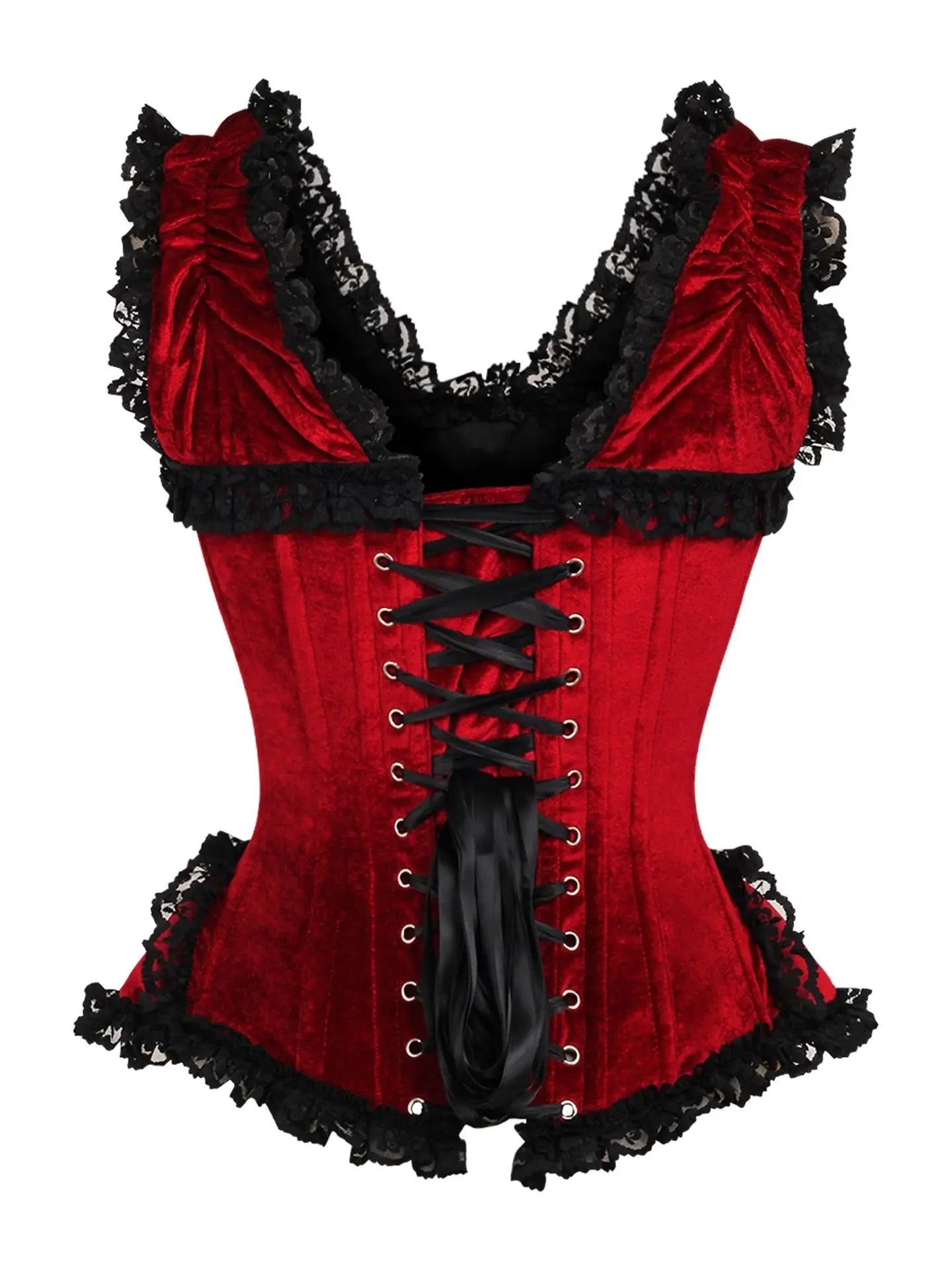 Dark Red Velvet & Lace Steel Boned Corset W/Cap Sleeves