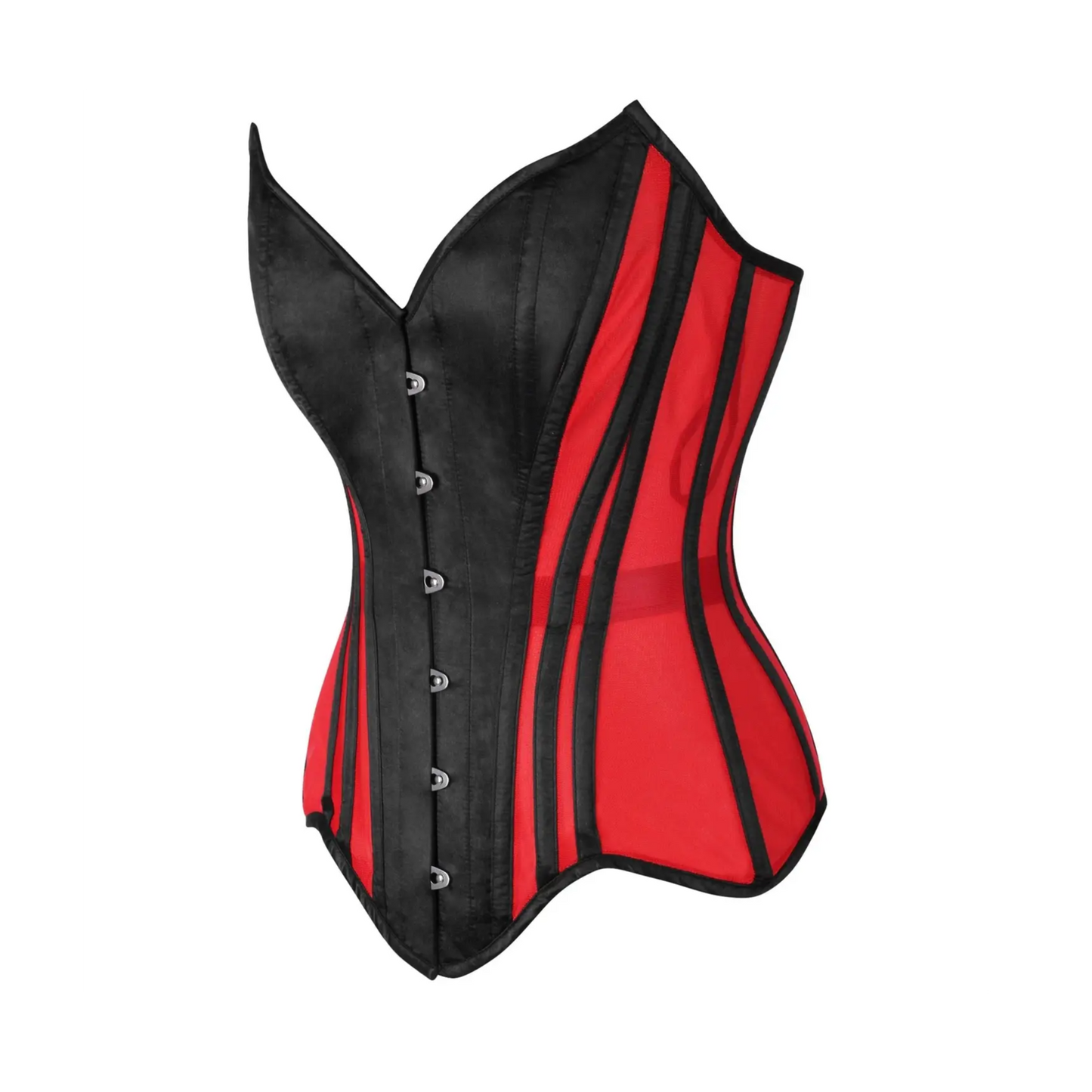 Red Mesh & Black Satin Steel Boned Overbust Corset image 1