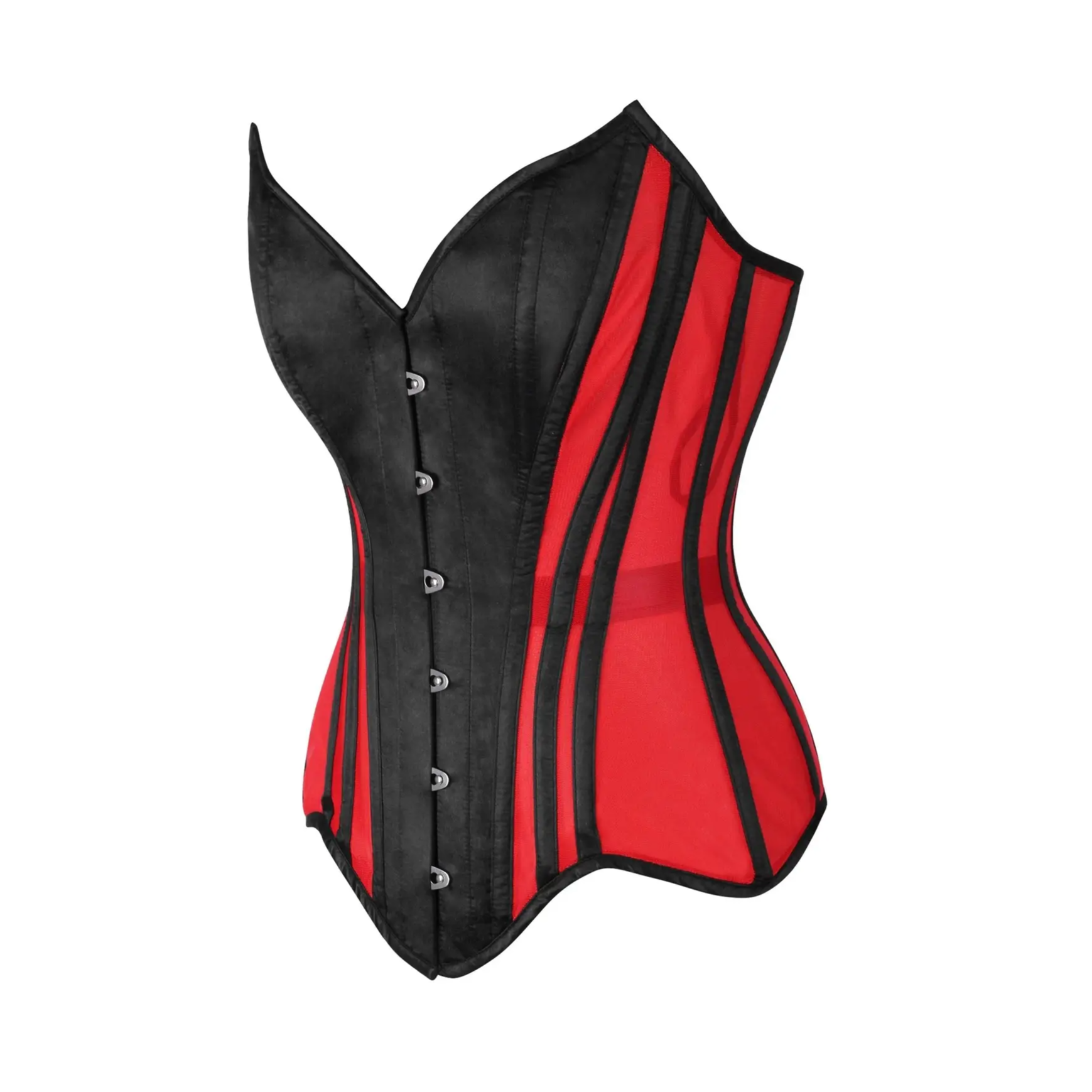 Red Mesh & Black Satin Steel Boned Overbust Corset image 1