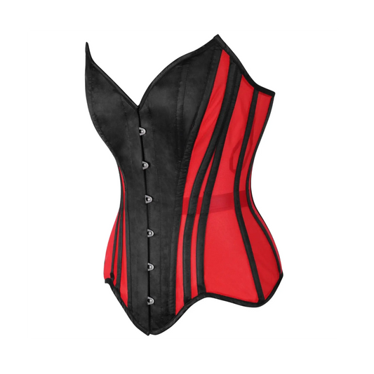 Red Mesh & Black Satin Steel Boned Overbust Corset image 1