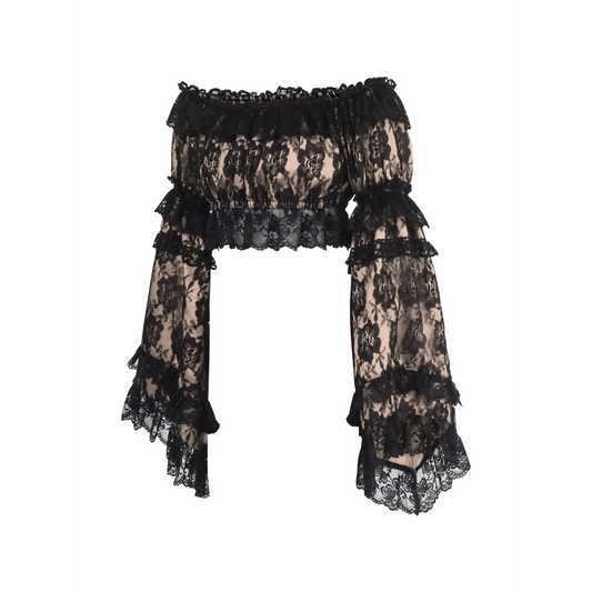 Nude/Black Lace Smocked Flare Sleeve Peasant Top image 1
