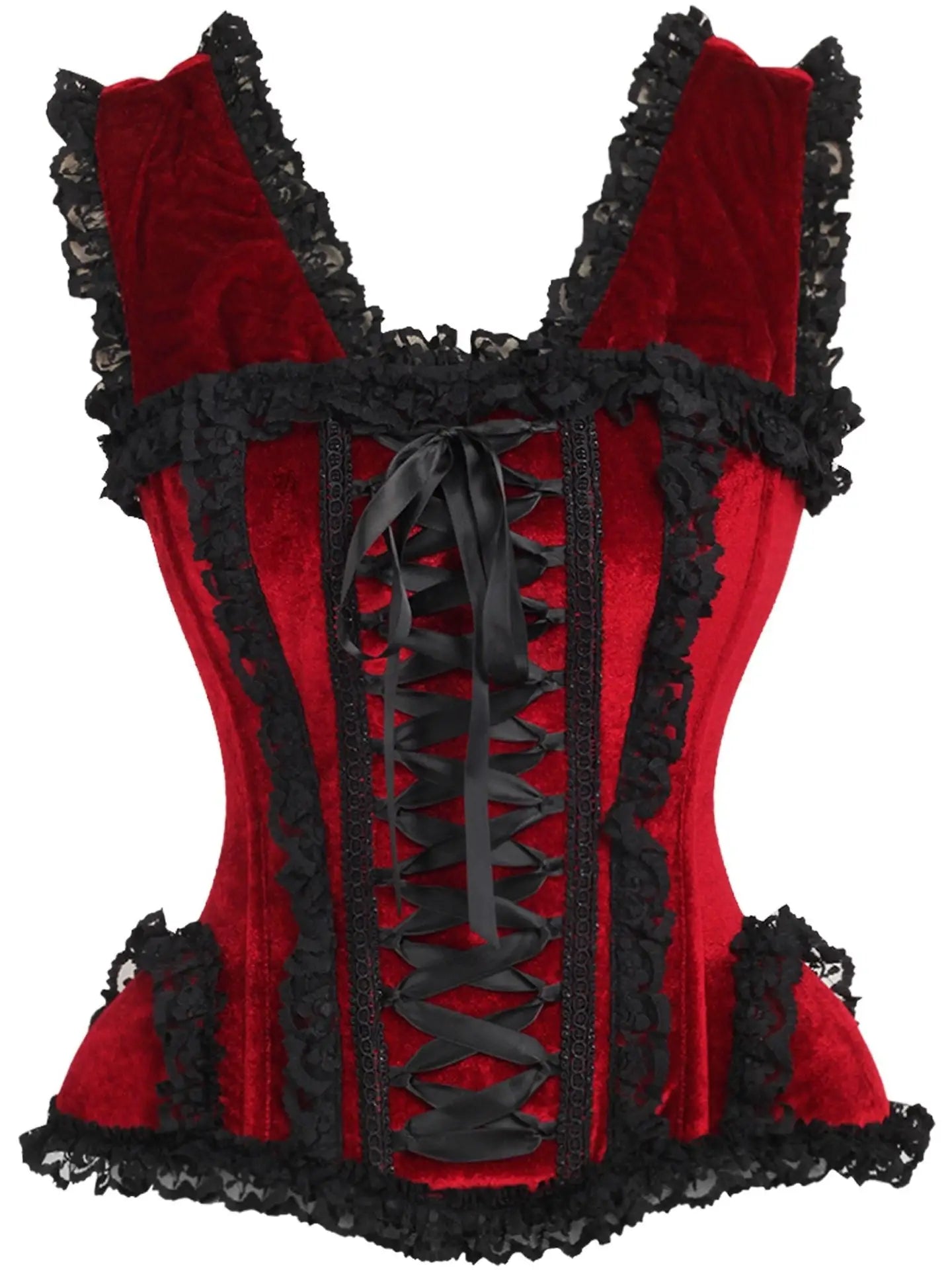 Dark Red Velvet & Lace Steel Boned Corset W/Cap Sleeves