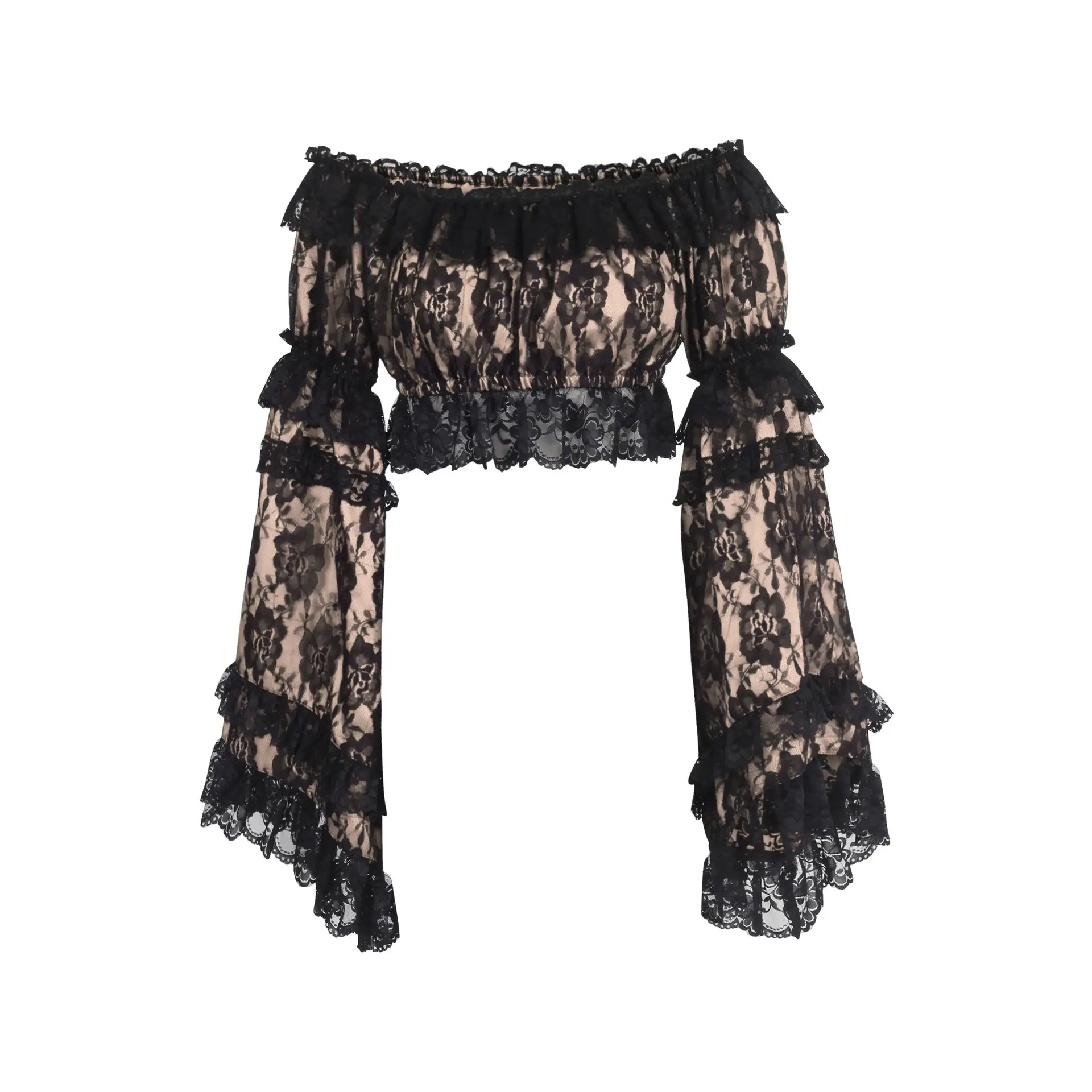 Nude/Black Lace Smocked Flare Sleeve Peasant Top image 0