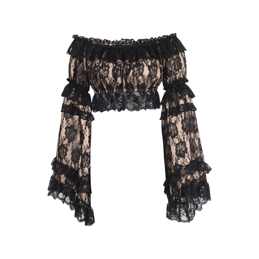 Nude/Black Lace Smocked Flare Sleeve Peasant Top image 0