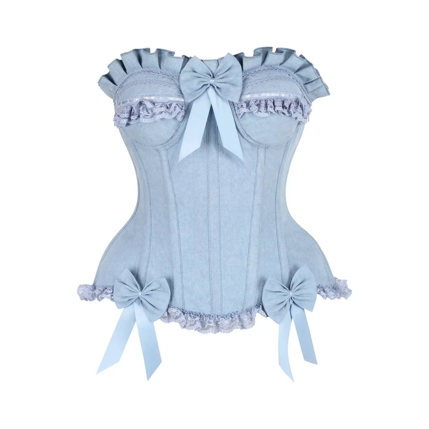 Light Blue Denim Underwire Steel Boned Burlesque Corset W/Bows image 0