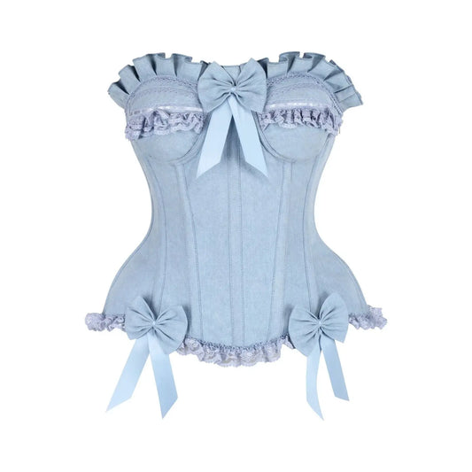 Light Blue Denim Underwire Steel Boned Burlesque Corset W/Bows image 0