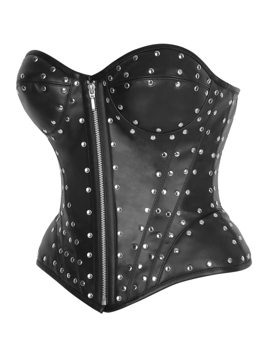 Faux Leather W/Rivets Steel Boned Underwire Bustier Corset Top
