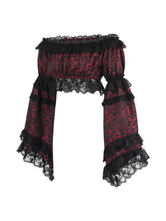 Red & Black Brocade Smocked Flare Sleeve Peasant Top