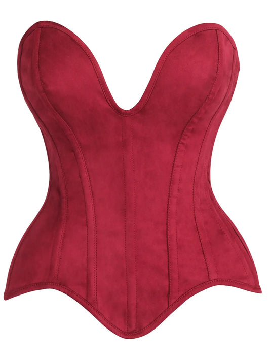 Steel Boned Red Suede Deep Plunge Overbust Corset Top
