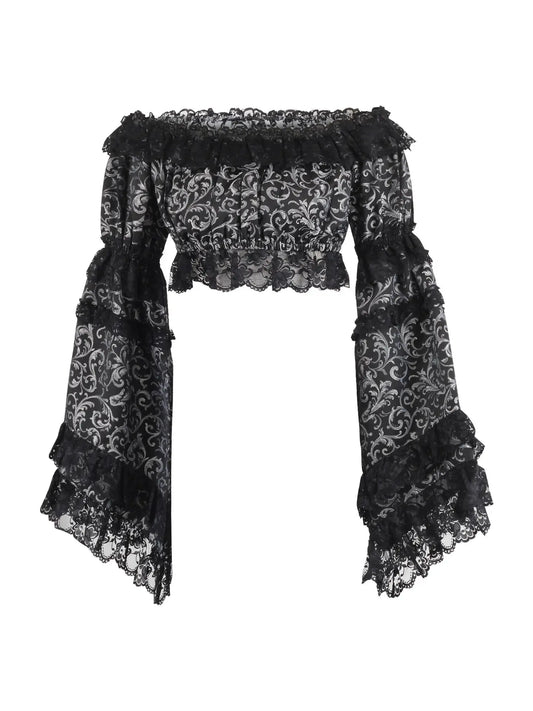 Silver/Black Brocade Smocked Flare Sleeve Peasant Top image 0