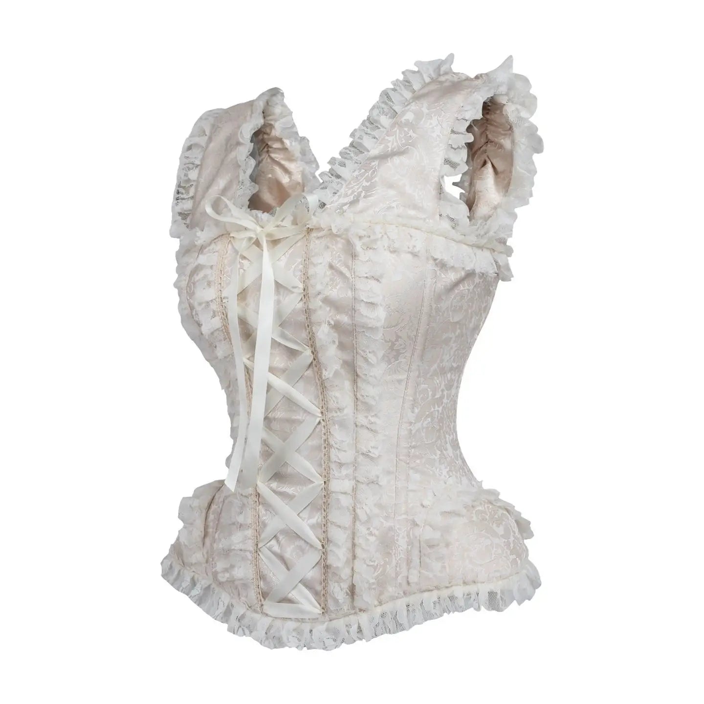 Ivory Brocade & Lace Steel Boned Corset W/Cap Sleeves image 1