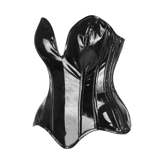 Steel Boned Black Patent Plunge Neckline Overbust Corset image 1