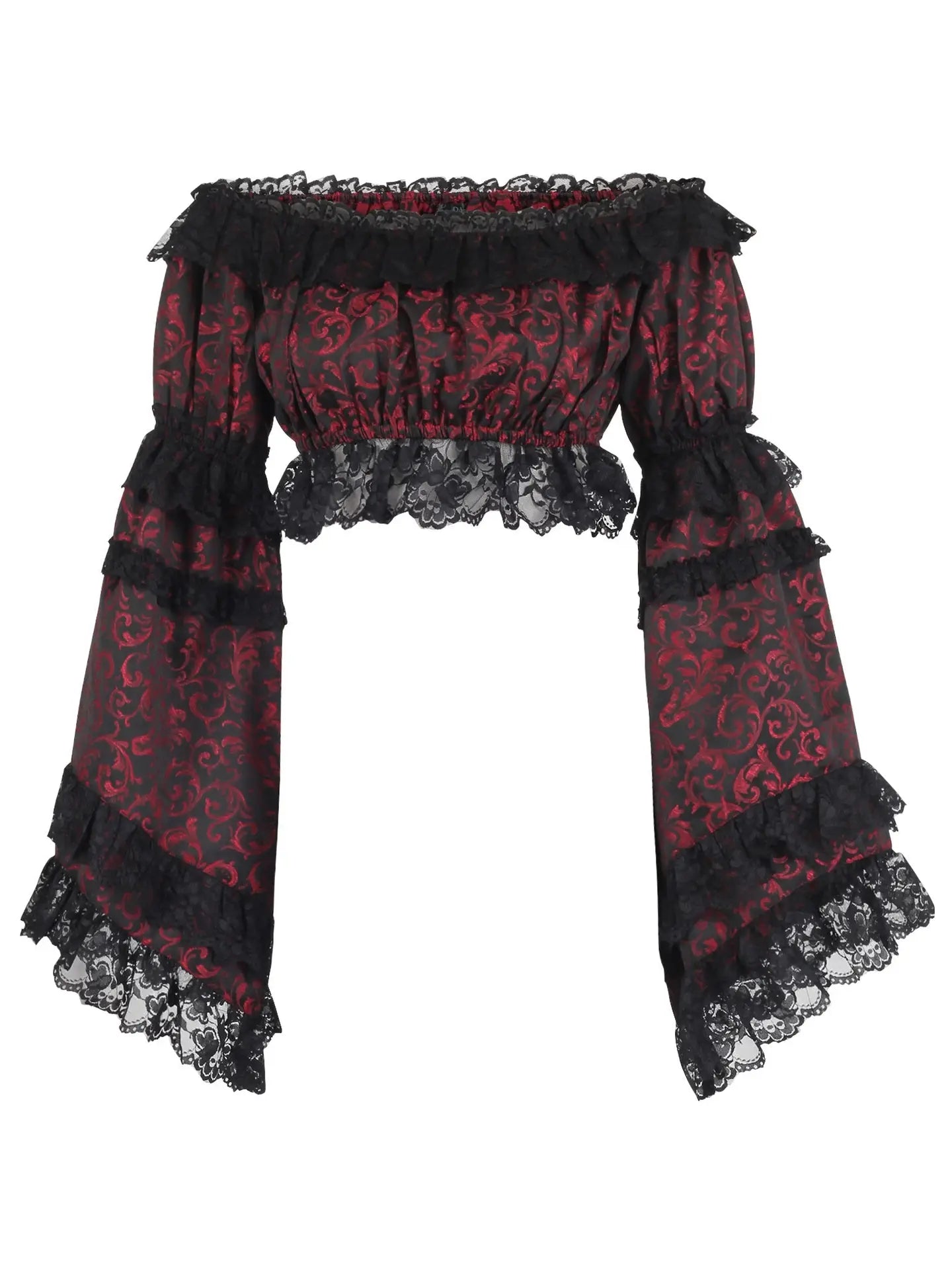 Red & Black Brocade Smocked Flare Sleeve Peasant Top