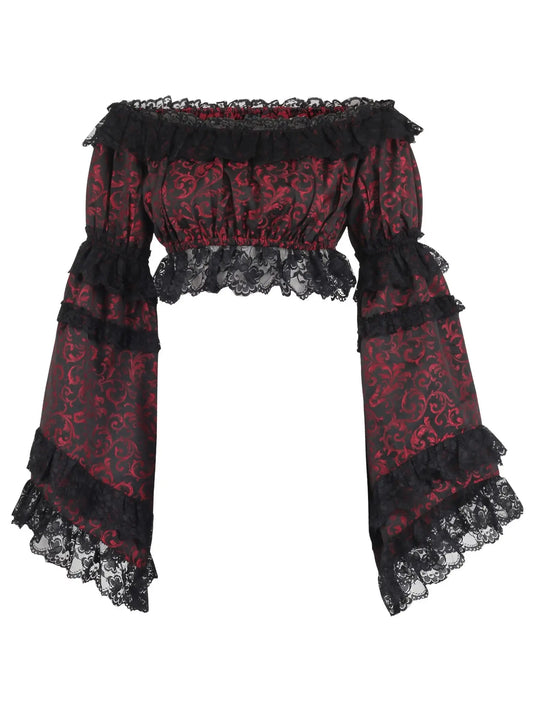 Red & Black Brocade Smocked Flare Sleeve Peasant Top