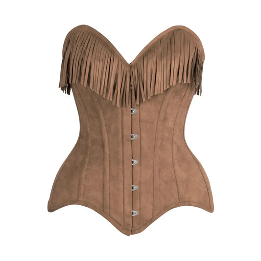 Tan Suede Steel Boned Overbust Corset W/Fringe image 0