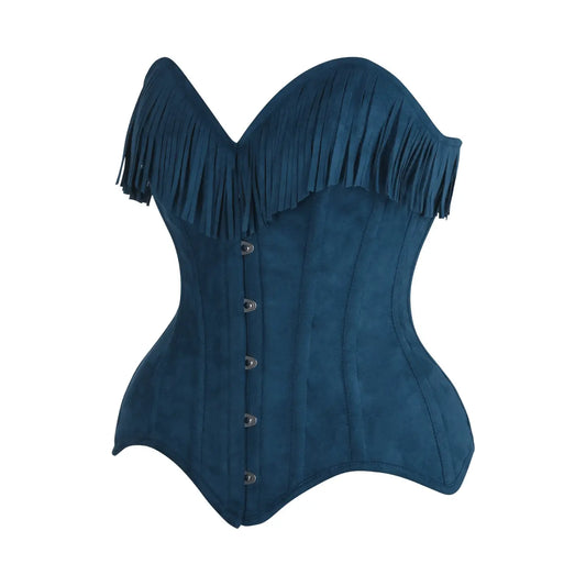 Blue Suede Steel Boned Overbust Corset W/Fringe image 1