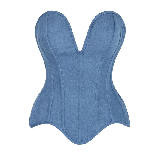 Steel Boned Blue Denim Plunge Neckline Overbust Corset image 0