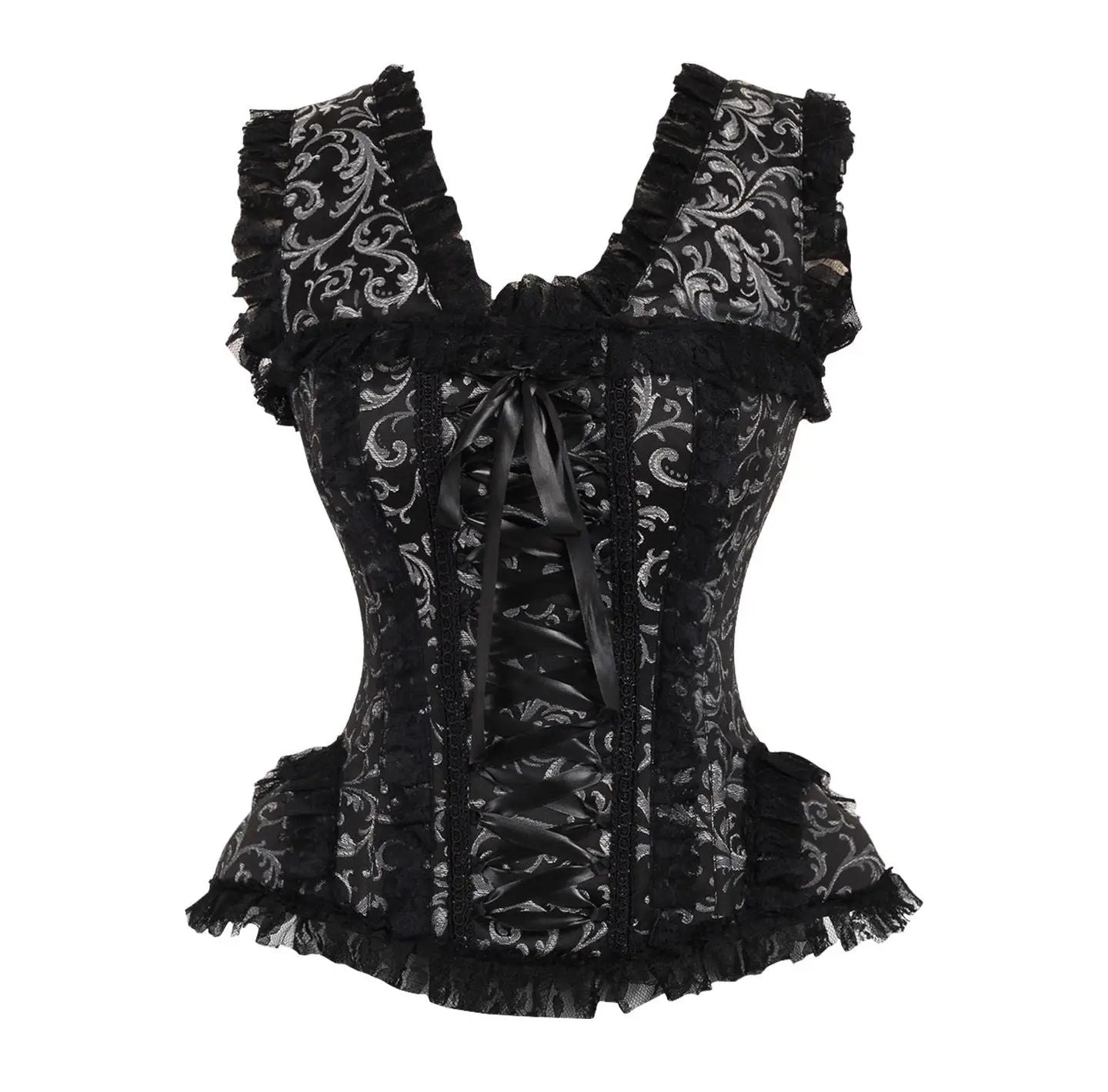 Silver/Black Swirl Brocade & Lace Steel Boned Corset W/Cap Sleeves image 0