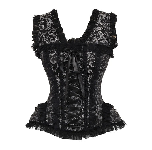 Silver/Black Swirl Brocade & Lace Steel Boned Corset W/Cap Sleeves image 0
