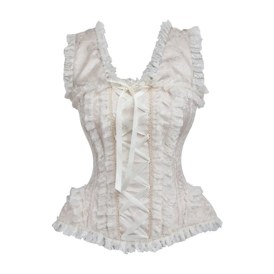 Ivory Brocade & Lace Steel Boned Corset W/Cap Sleeves image 0