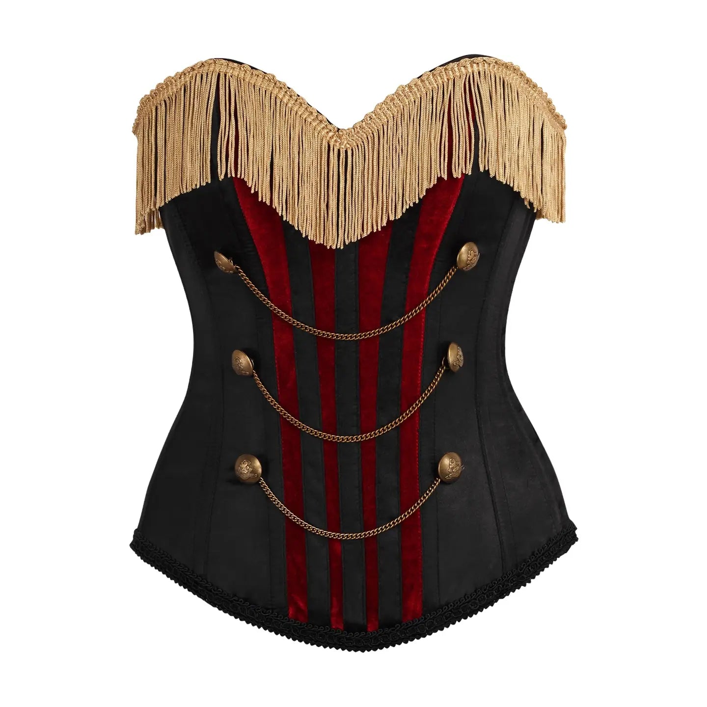 Burlesque Black/Dark Red Steel Boned Corset W/Gold Fringe image 0