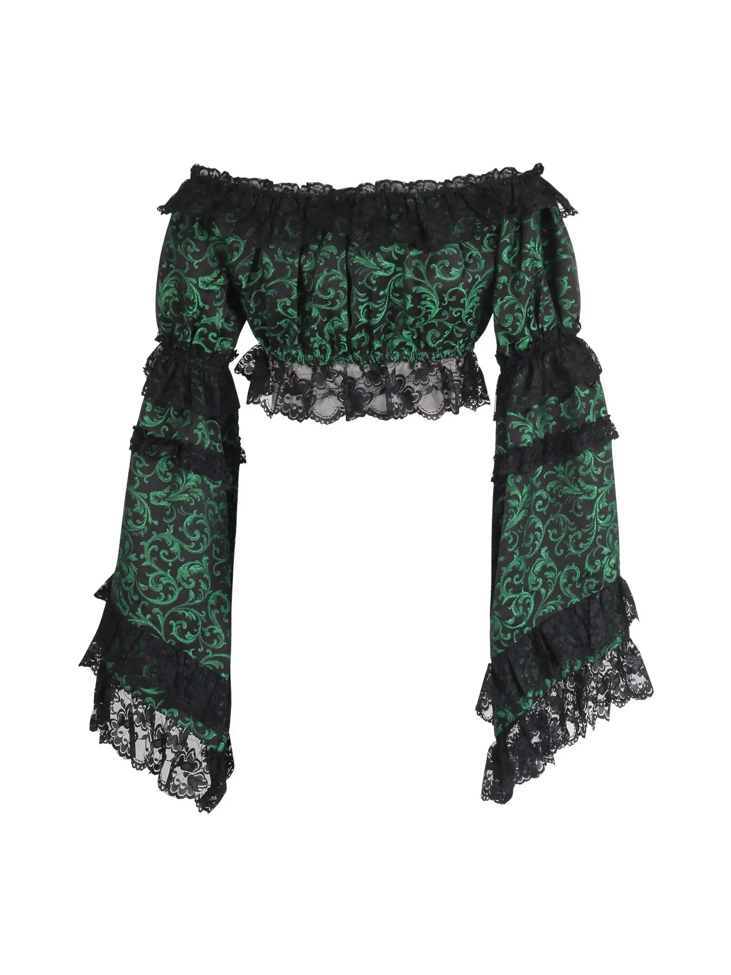 Green & Black Brocade Smocked Flare Sleeve Peasant Top