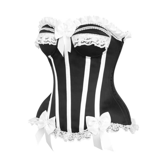 Black and White Steel Boned Burlesque Corset with lace trim and decorative white bows