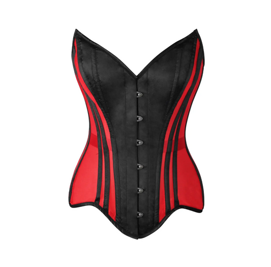 Red Mesh & Black Satin Steel Boned Overbust Corset image 0
