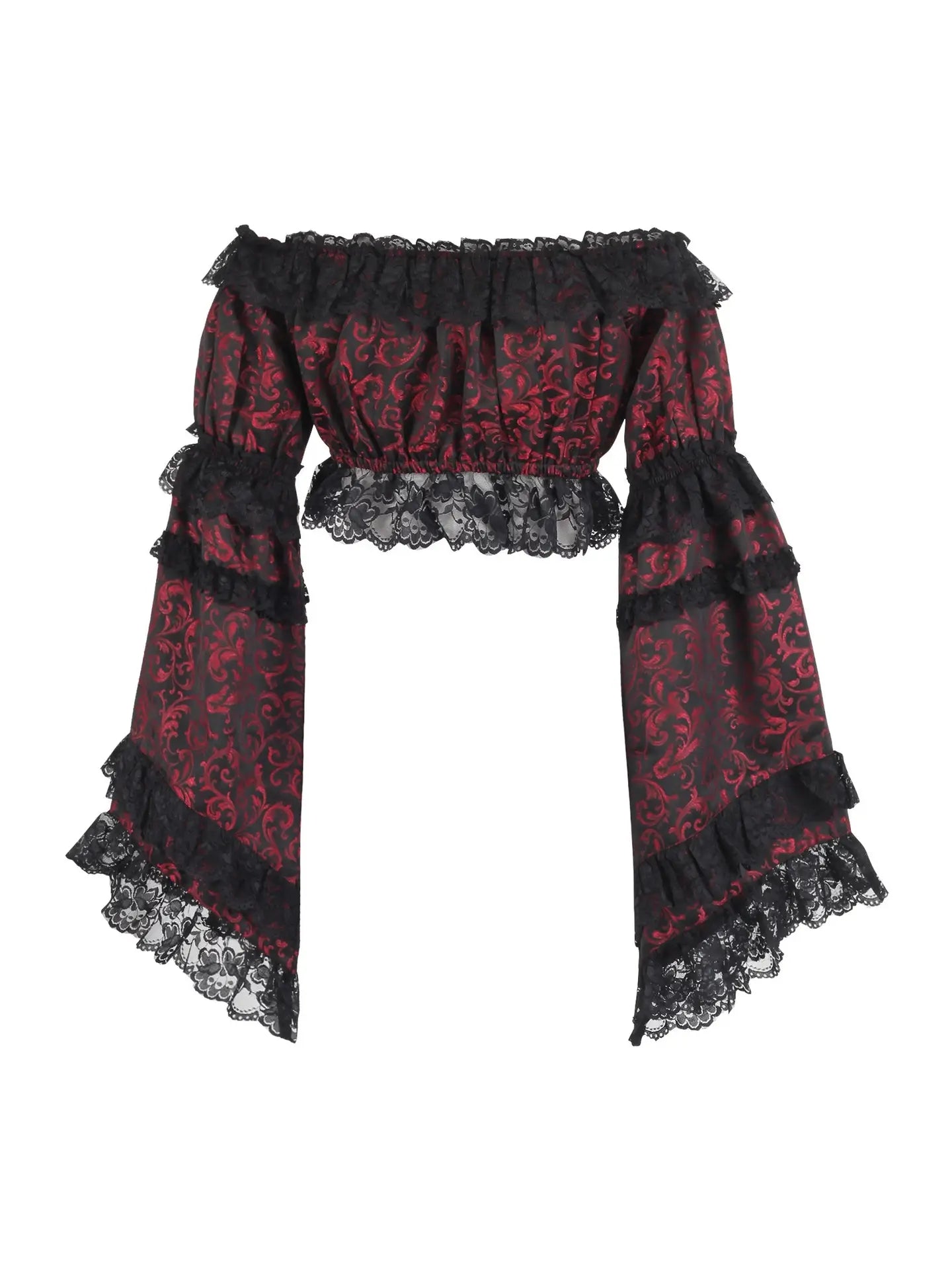 Red & Black Brocade Smocked Flare Sleeve Peasant Top