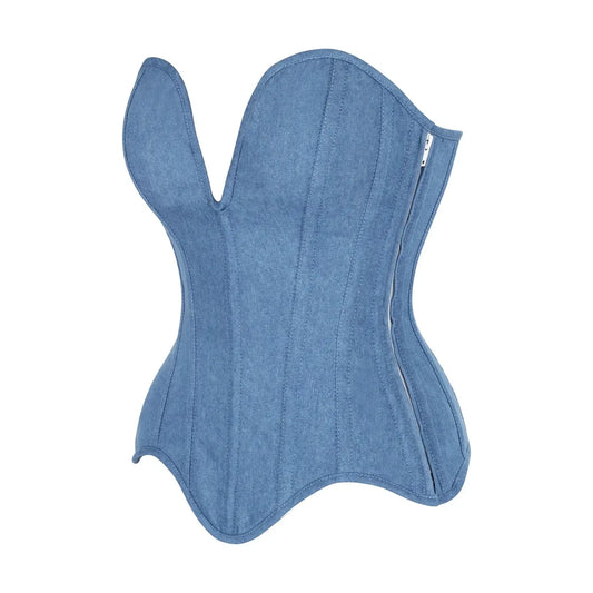 Steel Boned Blue Denim Plunge Neckline Overbust Corset image 1