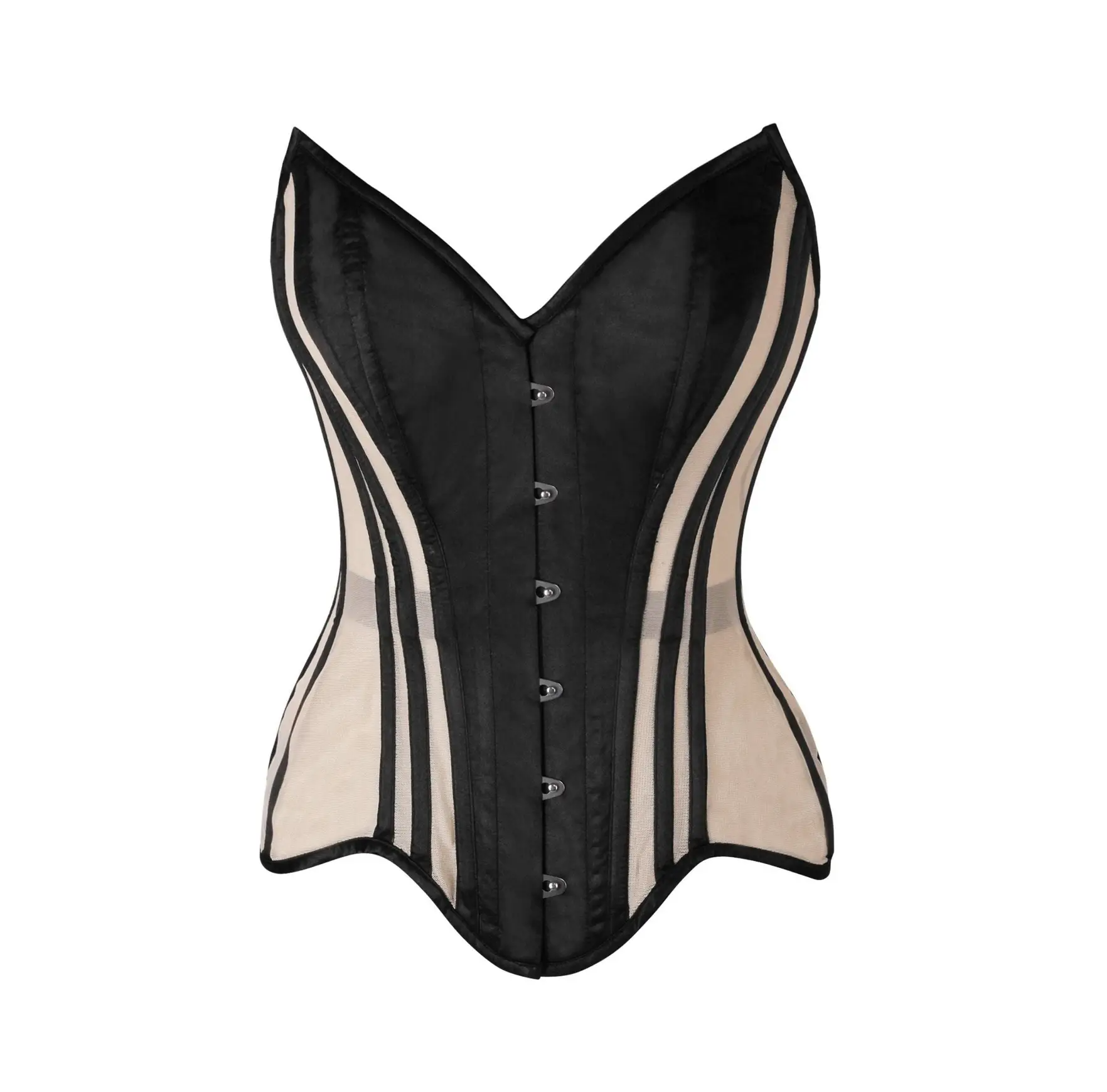 Nude Mesh & Black Satin Steel Boned Overbust Corset image 0