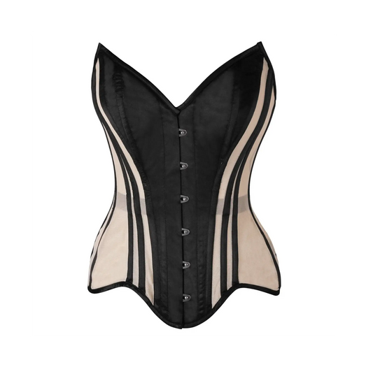 Nude Mesh & Black Satin Steel Boned Overbust Corset image 0