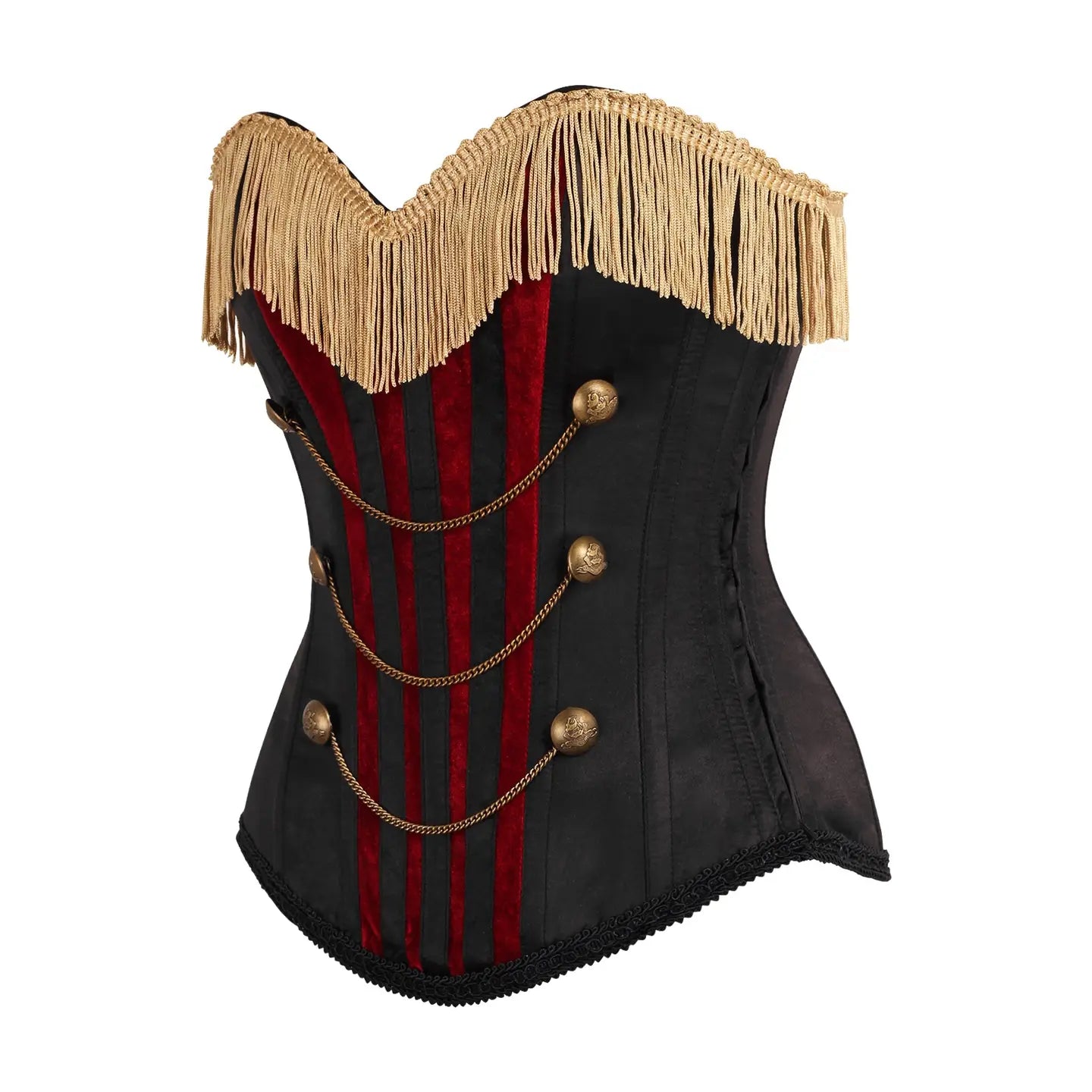 Burlesque Black/Dark Red Steel Boned Corset W/Gold Fringe image 1