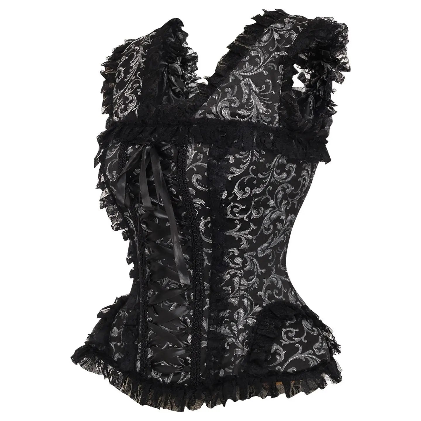 Silver/Black Swirl Brocade & Lace Steel Boned Corset W/Cap Sleeves image 1