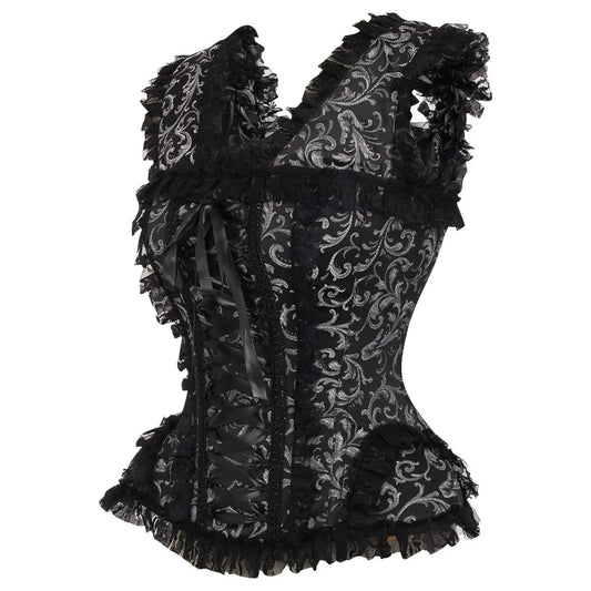Silver/Black Swirl Brocade & Lace Steel Boned Corset W/Cap Sleeves image 1